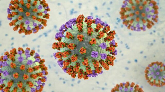 Influenza virus particles with glycosylated hemagglutinin and neuraminidase spikes, rotating and drifting. 3D animation of enveloped RNA virions illustrating surface glycan shielding and viral structu