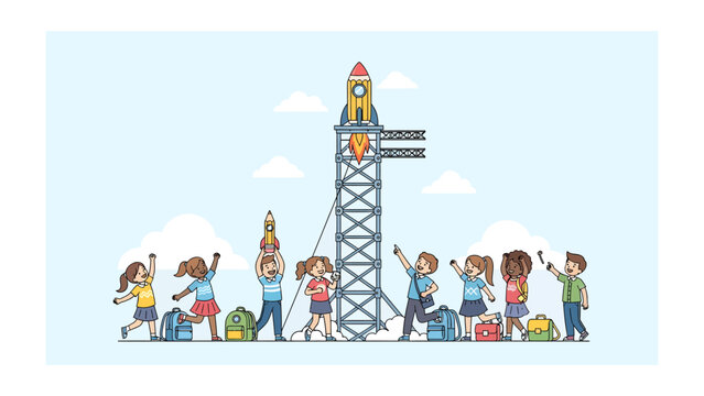 Children's Rocket Launch Adventure: A group of cheerful children, eager and excited, stand with backpacks near a towering rocket launchpad, ready for an imaginative journey into space.