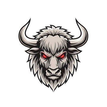Fierce yak head with glowing red eyes in a dramatic low-key lighting against a stark white background conceptualizing power