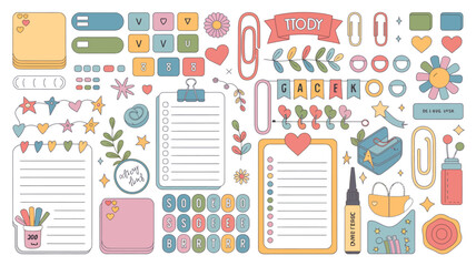 Fototapeta premium Assorted stationery doodles and floral ornaments colorful vector illustration school supplies office hand drawn bright flower blossom ornament pattern decorative planner stickers