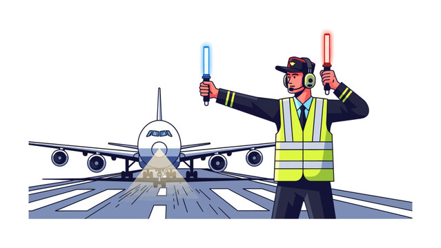 Airport Marshall Guiding Aircraft: An airport marshall in a high-visibility vest, wearing headphones and holding illuminated signal wands, directs a large passenger airplane on the tarmac.