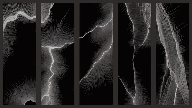 Lightning bolt shapes on black background monochromatic graphic series streak discharge electricity atmospheric weather storm energy monochrome black and white dark abstract pattern