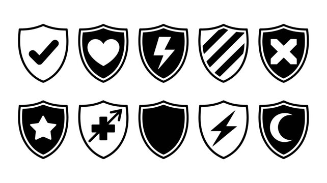 Ten Shield Silhouettes With Various Symbols Against A White Background shields emblem crest badge defense protection security symbol icon icons silhouette