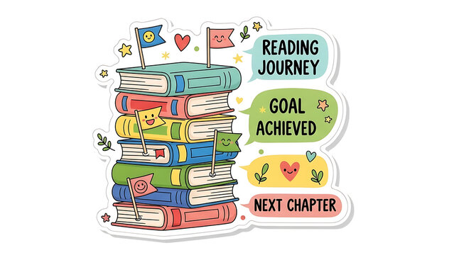 A stack of colorful books with reading goal speech bubbles isolated on a transparent background