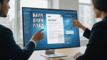 Obraz premium Two colleagues pointing at an esg policy document displayed on a computer monitor in a bright office setting with blue interface