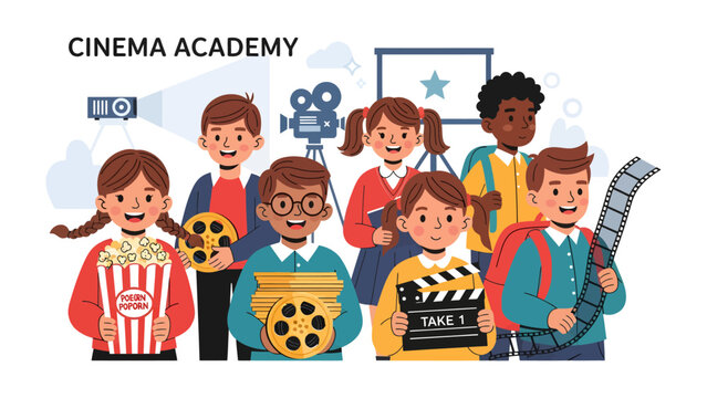 Cinema Academy Fun: A diverse group of happy children enjoy their time at cinema academy, holding popcorn, film reel, clapboard and camera.