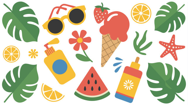 Tropical Summer Elements Illustration With Flat Design And White Background vector sunscreen sunglasses strawberry watermelon ice cream orange slice lemon starfish
