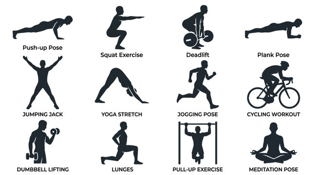 Mixed human lifestyle silhouette icon set combining fitness and professions%3A jogging doctor  weightlifting construction worker  yoga teacher  chef running pose  engineer exercising  farmer stretchin