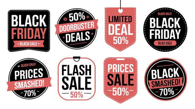 Black friday sale badges a collection of vector illustrations with discount offers offer promotion deals doorbuster flash prices smashed limited deal