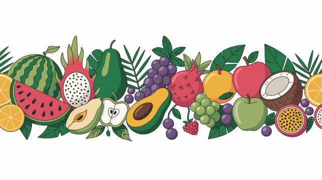 Tropical fruit border illustration with watermelon dragonfruit and grapes on a white background pitaya avocado orange apple coconut passionfruit berries raspberry