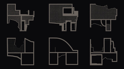 Architectural floor plans with grid patterns on a black background plan building blueprint schematic drawing pattern technical illustration dark top down view © Nargis