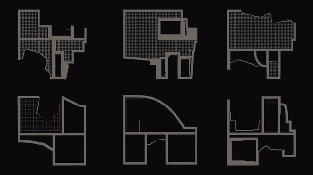 Architectural floor plans with grid patterns on a black background plan building blueprint schematic drawing pattern technical illustration dark top down view