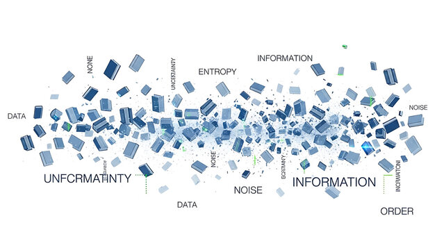 Blue data cubes floating with text labels about information isolated on a transparent background
