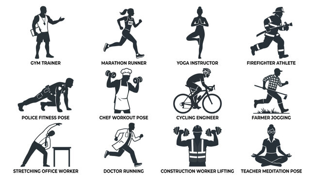 Active human silhouette icon set featuring gym trainer  marathon runner  yoga instructor  firefighter athlete  police fitness pose  chef workout pose  cycling engineer  farmer jogging  stretching offi