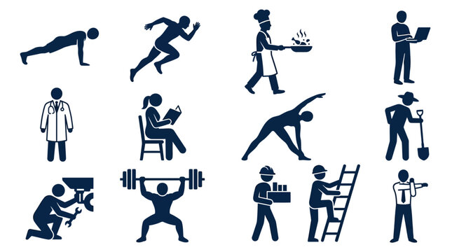 Modern human activity silhouette icon set with push up trainer  sprint athlete  chef carrying pan  engineer with laptop  doctor standing pose  teacher reading book  yoga stretch pose  farmer with shov