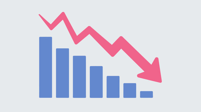 Downward trending bar graph with red line vector illustration chart decreasing decline downturn falling negative trend reduction graphic data visualization statistics