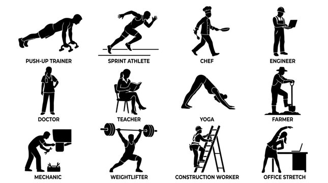 Modern human activity silhouette icon set with push up trainer  sprint athlete  chef carrying pan  engineer with laptop  doctor standing pose  teacher reading book  yoga stretch pose  farmer with shov