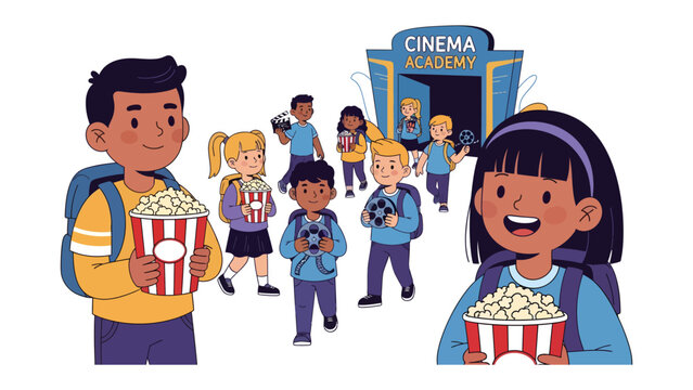 Young Cinema Enthusiasts: A group of diverse children, excited about their trip to the Cinema Academy, arrive with popcorn and cameras, ready for a cinematic adventure.