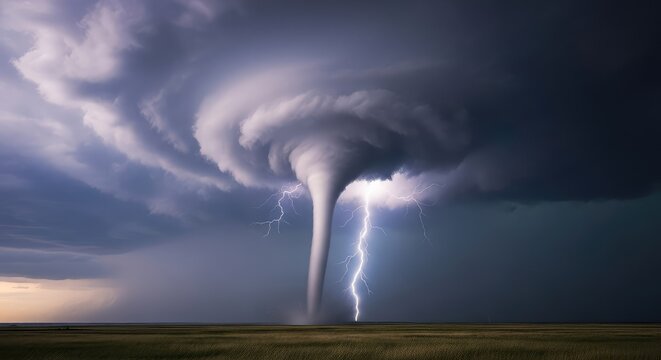 A massive and powerful funnel cloud descends from a dark, turbulent sky, representing the destructive force of nature and extreme weather, blast, turbulence, tempest