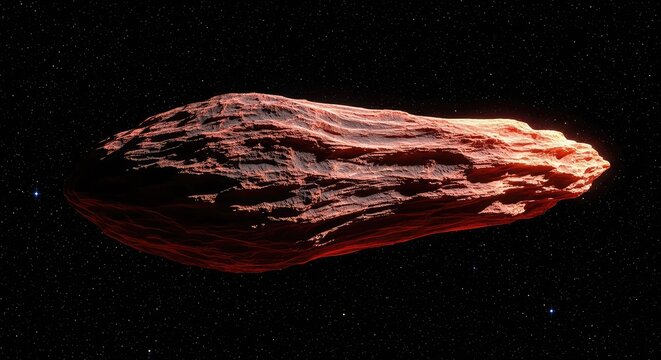 A massive elongated interstellar object with a rocky texture drifts through the dark cosmic void of deep space among distant glowing stars, surface, elongated, distant