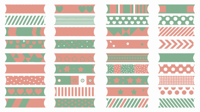 Colorful patterned tapes arranged in rows vector illustration washi tape decorative adhesive graphic design stripes polka dots hearts stars triangles chevron