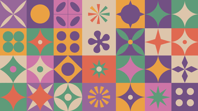 Geometric tile pattern with retro inspired shapes and a colorful arrangement design style mid century modern abstract vibrant vector illustration repeating square