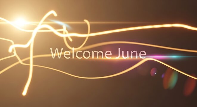 Welcome June neon light calligraphy with glowing swirls and abstract bokeh background