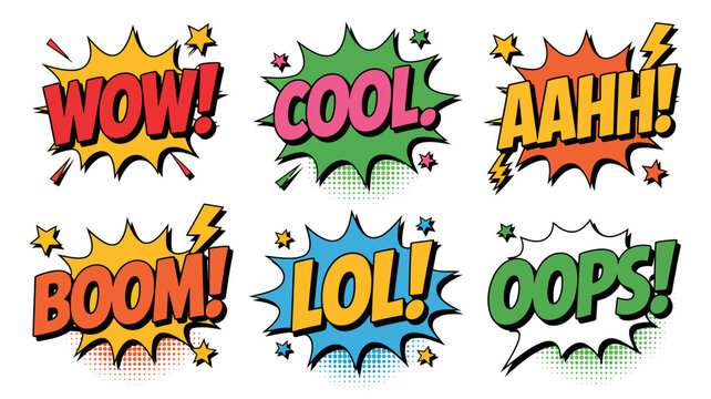 Comic style speech bubbles with exclamations vibrant vector illustration bubble exclamation wow cool boom lol oops aahh pop art graphic design