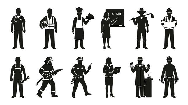 Professional worker silhouette icon set featuring doctor with stethoscope  construction worker with helmet  chef holding tray  teacher pointing board  farmer with hoe  engineer with blueprint  mechani