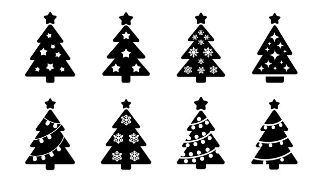 Eight Black Silhouette Christmas Trees With Stars And Ornaments On White Background tree evergreen fir pine holiday winter seasonal decoration ornament