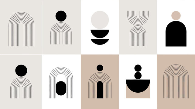 Abstract geometric shapes and lines a collection of vector illustrations on a beige background forms illustration line art minimalist design neutral