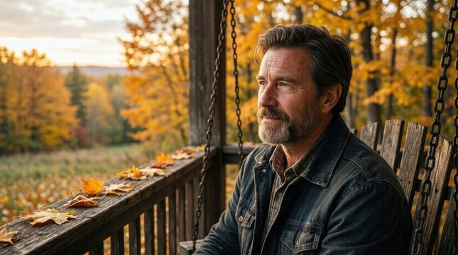 Man sitting contemplatively on porch during autumn sunset