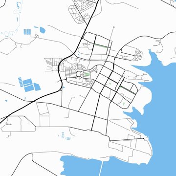 Minimal vector street map of Bratsk, Irkutsk Oblast, Russia. Detailed urban city plan with roads, highways, residential districts, rivers, reservoirs, parks, and surrounding landscape. Modern cartogra