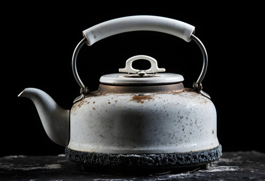 Vintage white kettle showing rust and wear on black background