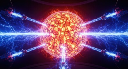 Obraz premium A powerful futuristic energy core pulses with intense orange and red light inside a high-tech reactor chamber filled with glowing plasma, vibrant, beam, heat