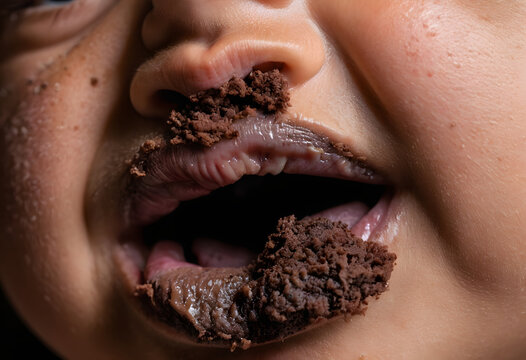 Child with chocolate cake crumbs on face and mouth