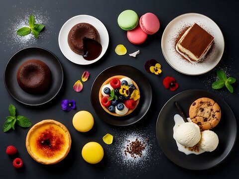 Assorted Gourmet Desserts and Sweet Treats Flat Lay on Dark Background