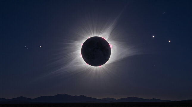 Breathtaking total solar eclipse with glowing corona and pink prominences over a mountain silhouette.