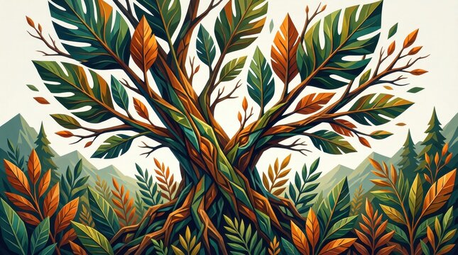 Twin trees intertwining with colorful foliage in forest