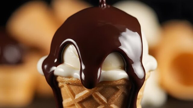 Delicious chocolate icecream melting on a waffle cone with creamy texture, sweet treat, summer refreshment, and frozen dessert