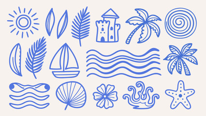 Obraz premium Blue line art illustration depicting various tropical elements including a sun palm leaves sailboat and seashell beach coastal collection concept decorative