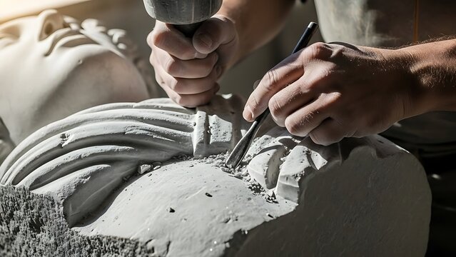 Close-up of Sculptor Hands Carving a Stone Statue with Chisel and Hammer