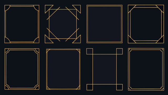 Golden art deco frames collection geometric line work on a black background decorative borders gold border rectangular square ornament design element