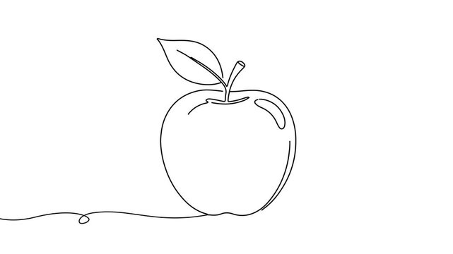 Animation of line drawing of an apple with a leaf, symbolizing healthy eating, freshness, and natural nutrition.