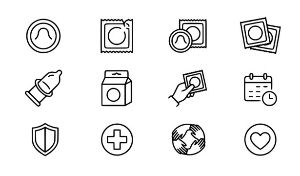 Modern Condom and Safe Sex Icon Set, 12 Black and White Vector Illustrations of Contraceptive Packaging, Isolated Minimalist Healthcare Clipart for Wellness and Educational Graphics