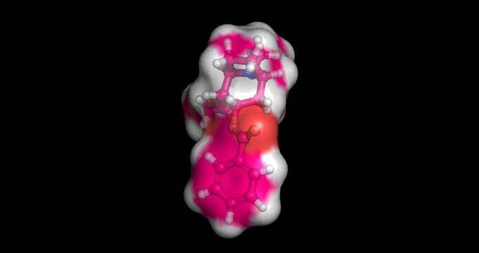 Cocaine, local anesthetic and powerful central nervous system stimulant, 3D molecule spinning, 4K