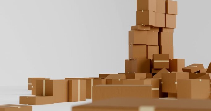 Stack of Brown Cardboard Boxes Collapsing and Falling after Impact on White Background