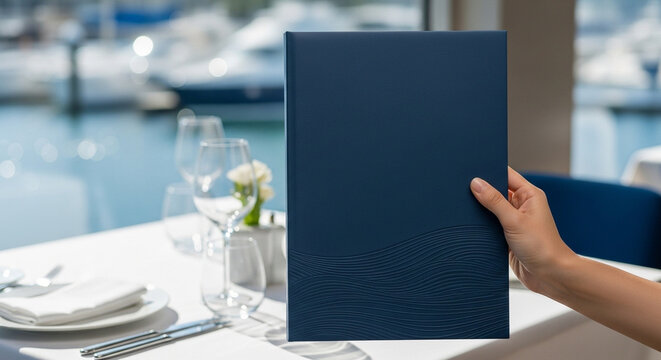 Female hand holding a blank dark blue leather menu cover mockup with wave texture on a waterfront restaurant table