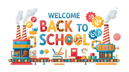 Fototapeta premium Welcome Back to School Factory: An imaginative illustration depicts a whimsical school factory where learning supplies are manufactured, with gears, pipes, and conveyor belts producing books, pencils.