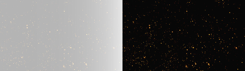 Realistic gold sparkles glitter texture set, atmospheric glowing magic dust particles and cinematic shiny bokeh glitter backdrop on contrast backgrounds © Maxim